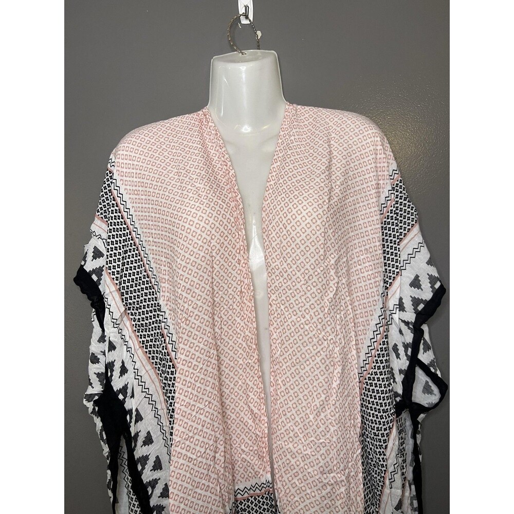 Moss Rose Kimono Blouse Womens One Size Pink Black Geometric Open Front Boho